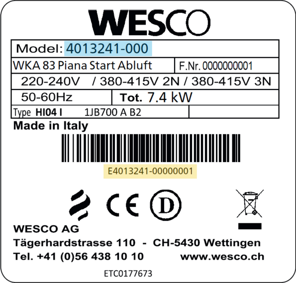 Typenschild-Wesco-Piana-Start-markiert